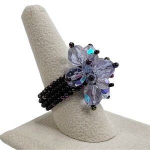 Light Purple Faceted & Iridescent Seed Bead Flower Handmade Ring